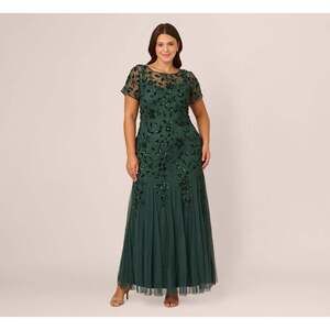 Adrianna Papell Plus Size Hand Beaded Short Sleeve Floral Godet Gown In Dusty Em